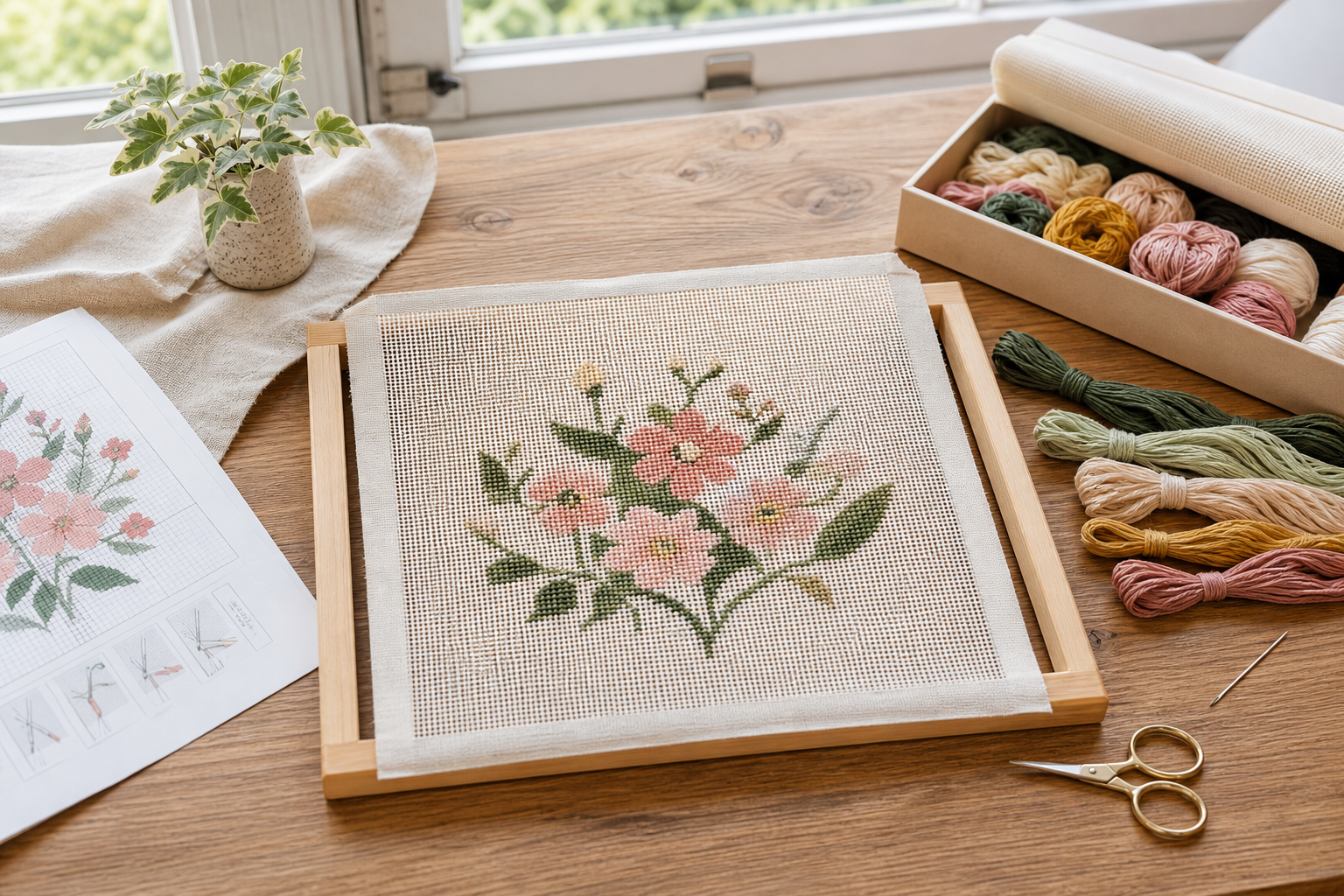 窓辺の木の机に初心者向けニードルポイントキット、刺繍糸、図案、はさみを広げた写真風ビジュアル