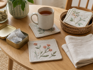 木のテーブルに刺繍コースター、マグ、リネンナプキン、茶葉の缶
