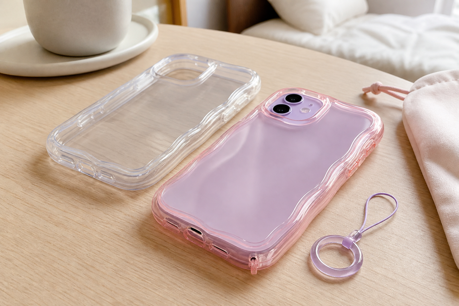 ぷにぷにした透明スマホケースとストラップを机に置いた写真風ビジュアル
