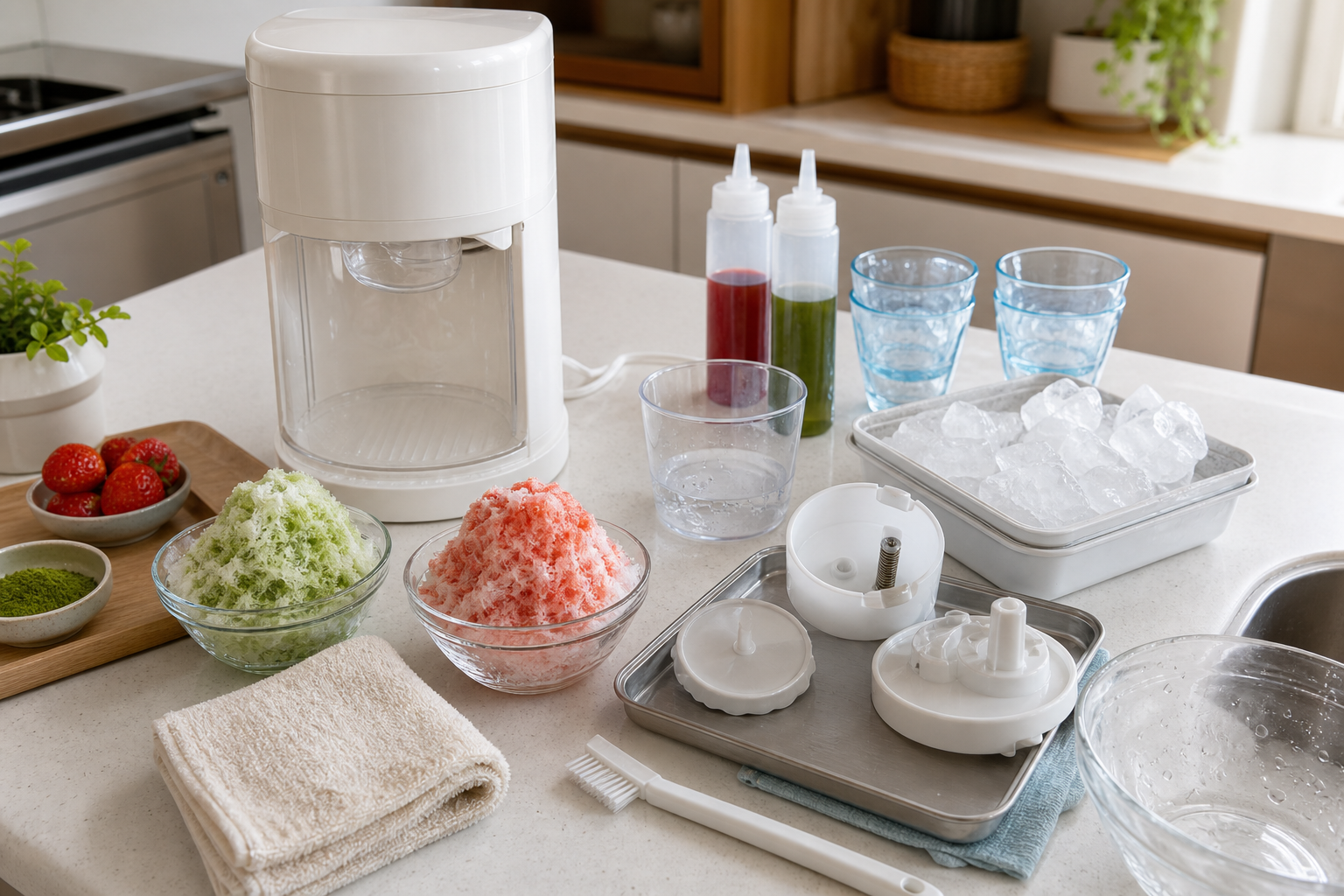 家庭用かき氷機、製氷カップ、氷、洗う部品、シロップ、器を台所に並べた写真風ビジュアル