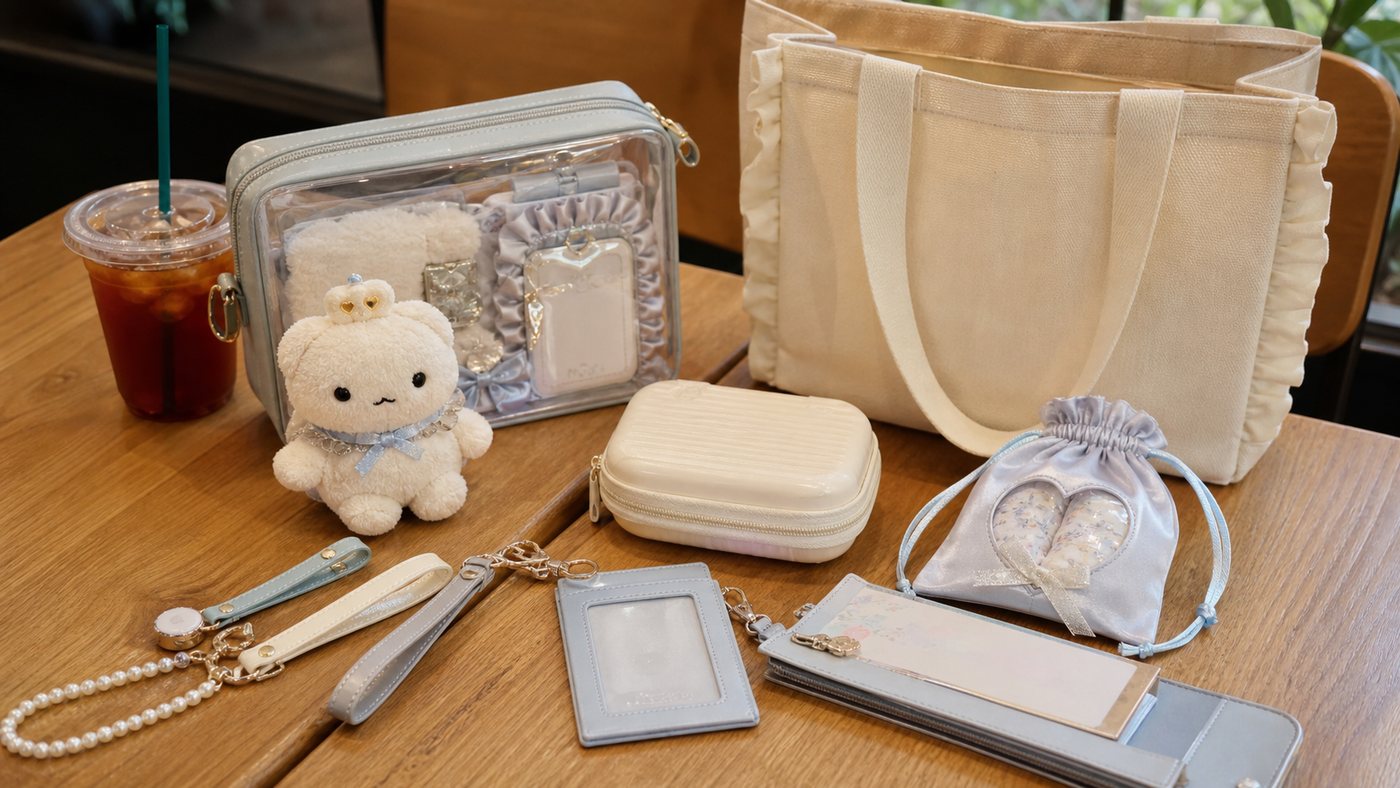 推しぬいと透明ポーチ、推し色小物を並べた持ち歩き準備のイメージ