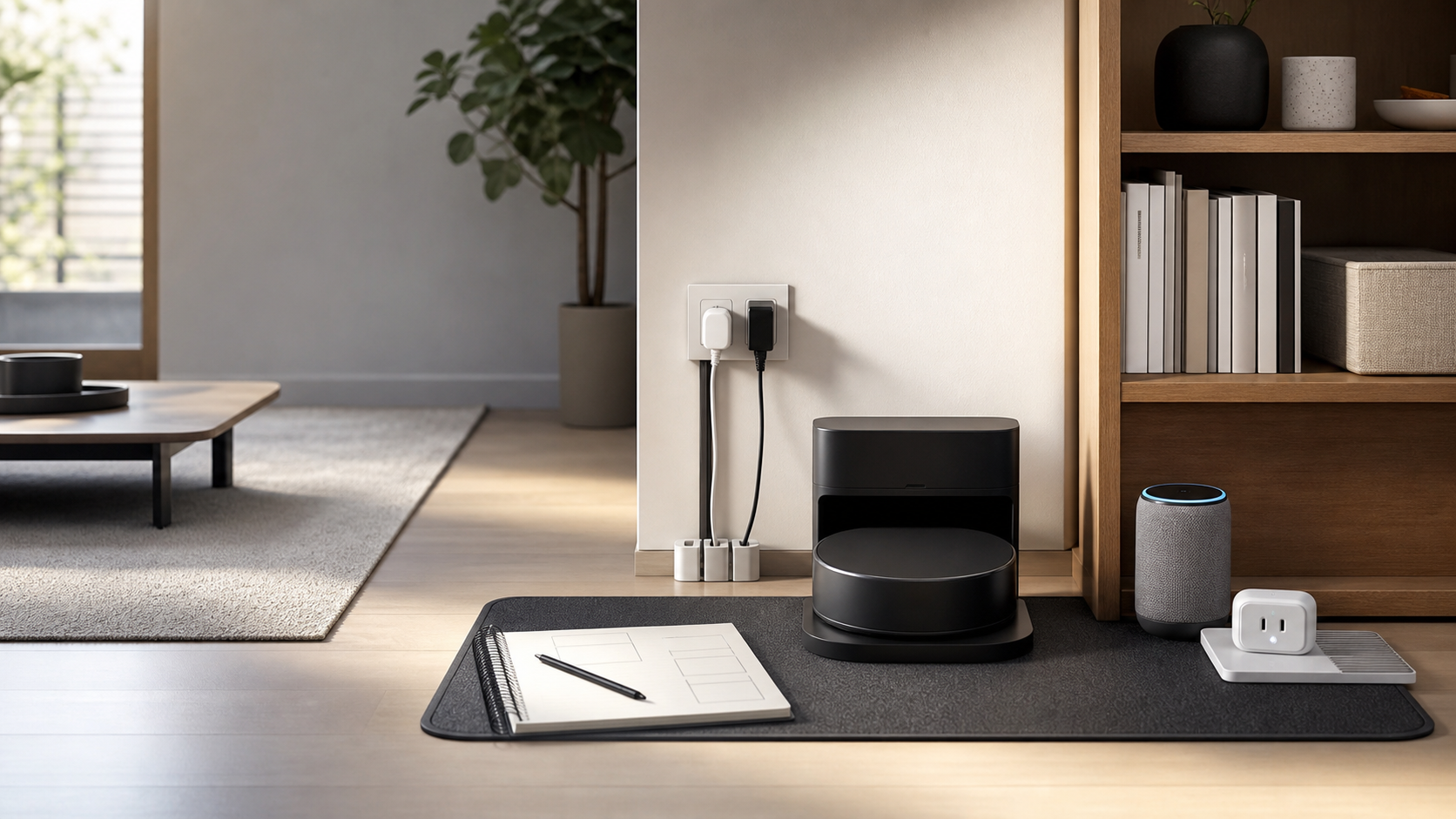 リビングの床にロボット家電のドック、スマートプラグ、電源、ケーブル整理を並べた写真風ビジュアル