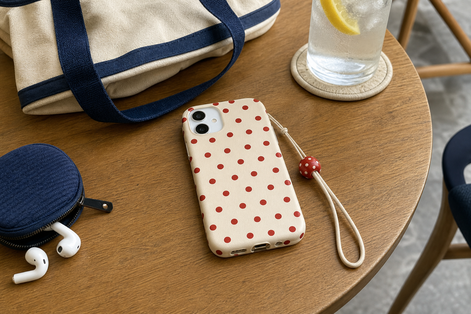 水玉スマホケース、ストラップ、バッグ、イヤホンをカフェの机に置いた写真風ビジュアル