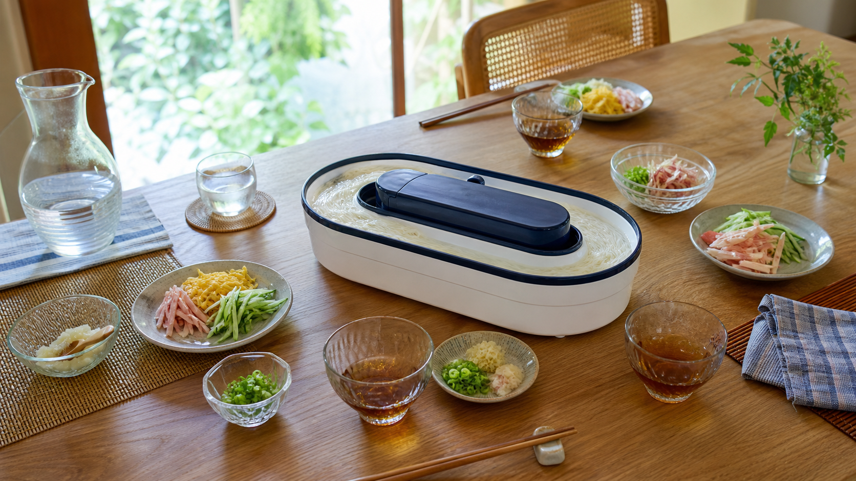 夏の食卓に流しそうめん機、薬味皿、つゆ、取り皿を並べた利用場面の写真風ビジュアル