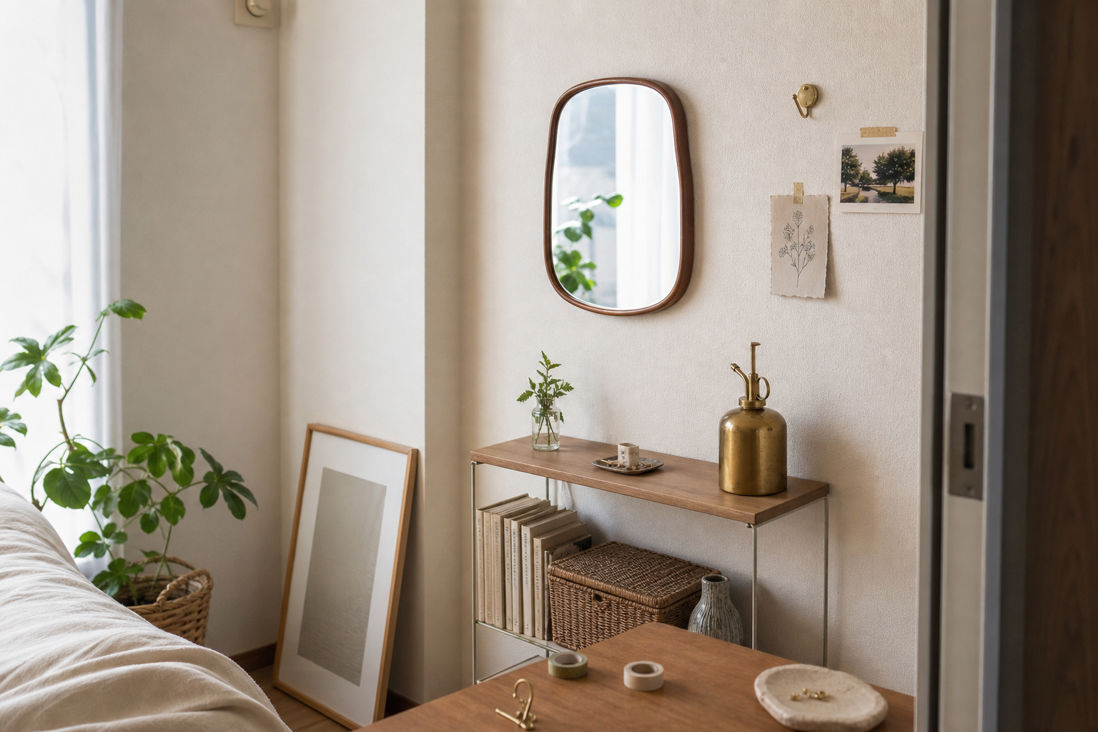 小さな部屋の壁に丸みのあるウォールミラーを掛け、棚や植物を合わせた写真風ビジュアル