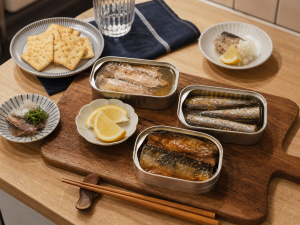 木のボードに並べた魚の缶詰、クラッカー、レモン、小皿